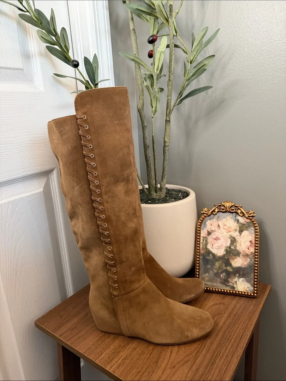 Isola Tavares Brown Suede Knee High Wedge Boots Whipstitch Boho Size 6.5